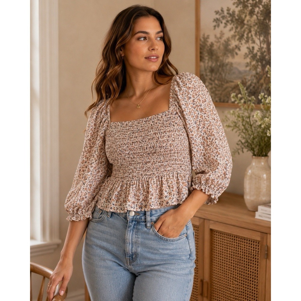 Paper Crane Smocked Floral Crop Top Large Cottagecore Puff Sleeve Boho Blouse